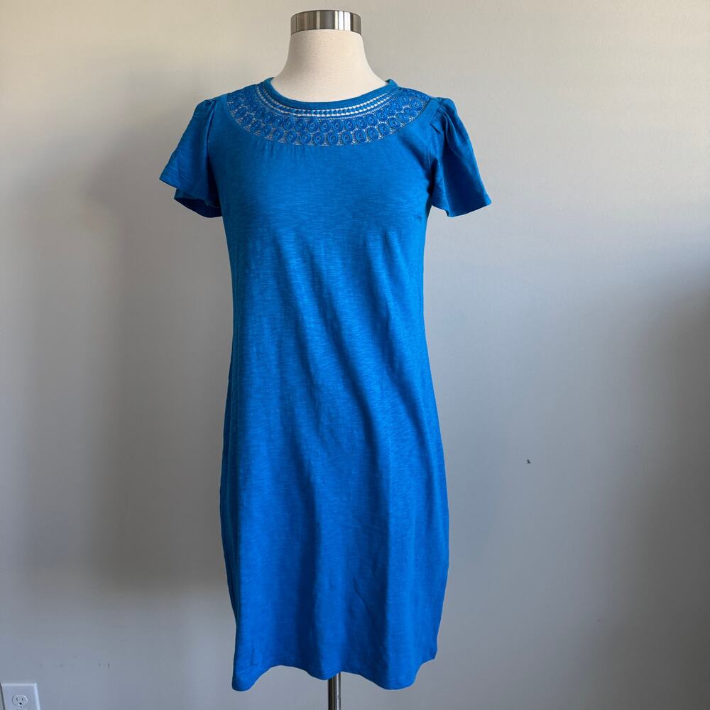 Talbots T-Shirt Dress Crochet Neckline Detail Flutter Sleeve Blue Petite P NWT